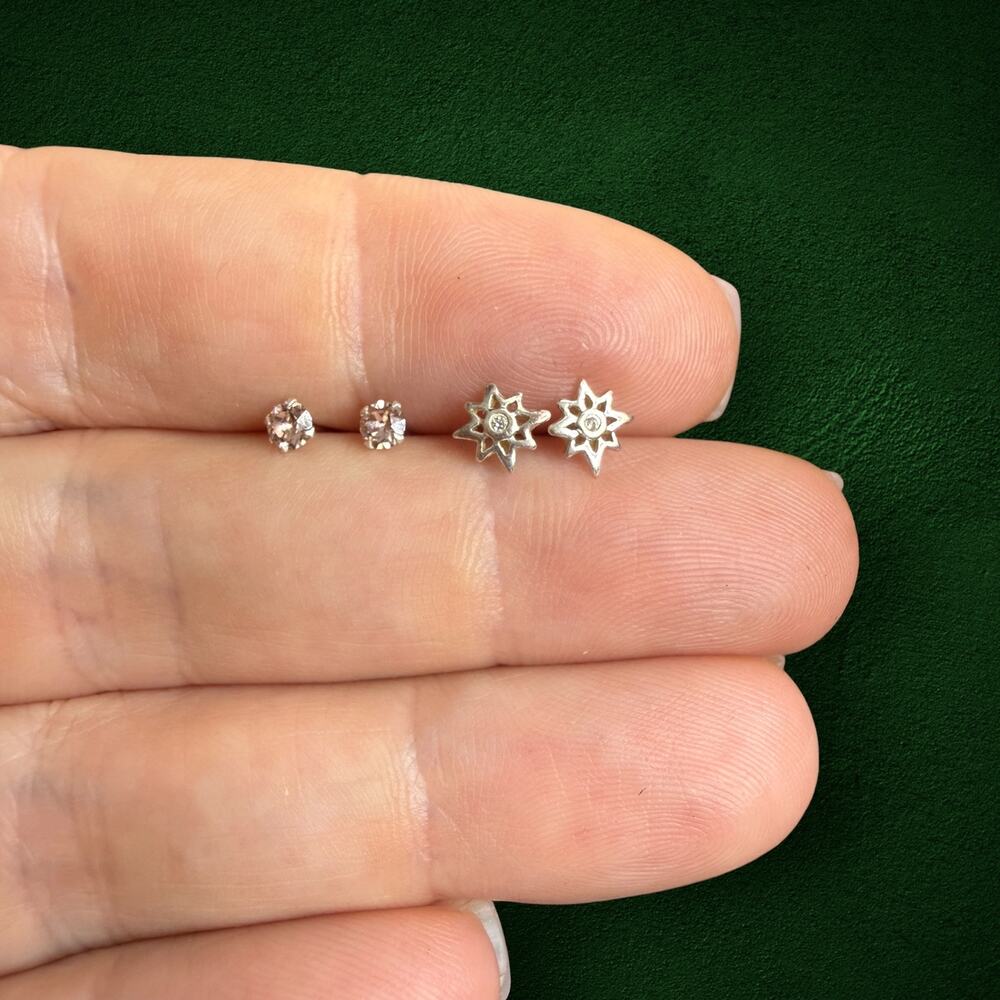 Lot of 2 Pairs 925 Sterling Silver Stud Earrings Pink Stone Star Petite